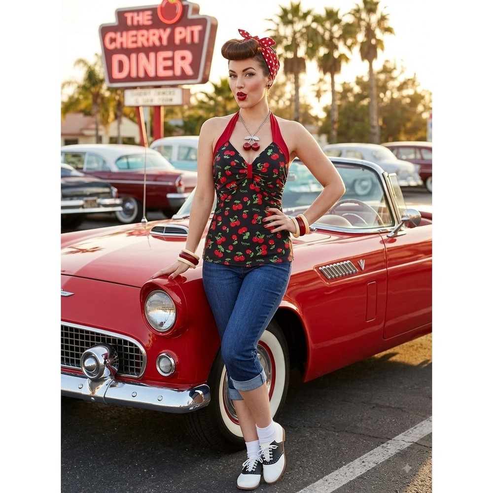 VINTAGE Y2K DEMI LOON Retro Cherry Halter Tank Size XL Pinup Rockabilly Y2K Cami